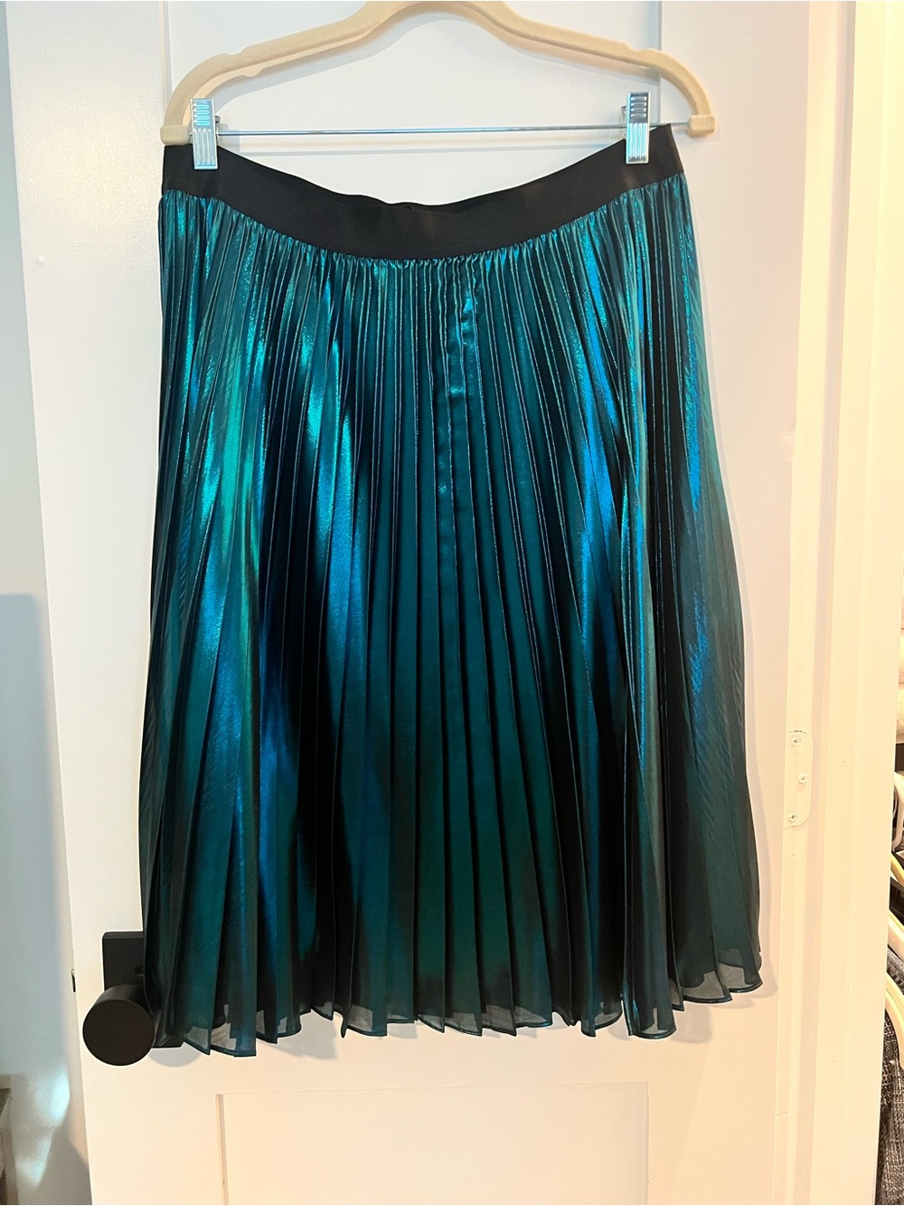 Express Teal Metallic Pleated A-Line Skirt with Black Waistband